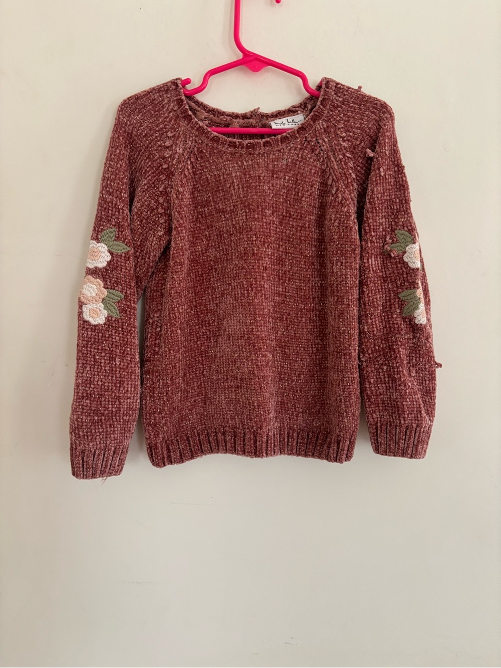 Nicole Miller Girls Size 5 Pink Chenille Sweater Floral Sleeve